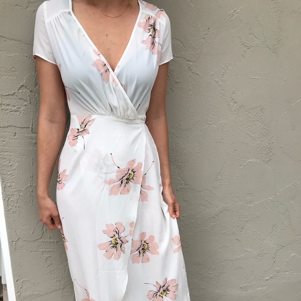 White & pink floral wrap dress